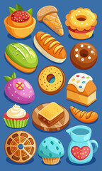 Cartoon bakery products collection with vibrant colors. Loaves of bread, pastries, bagels, and more in playful illustrations.

