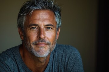 Obraz premium Mature man with gray hair and beard wearing a dark shirt and gazing confidently at the camera against a moody background Generative AI