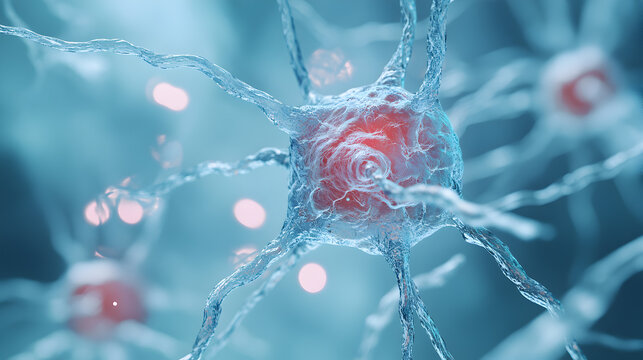 A close up of a brain cell with red and blue colors
