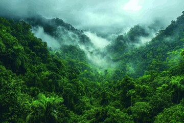 Obraz premium Lush green mountain range shrouded in mist