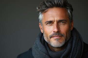 Obraz premium Mature man with gray hair and beard wearing a dark shirt and gazing confidently at the camera against a moody background Generative AI