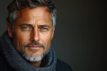 Obraz premium Mature man with gray hair and beard wearing a dark shirt and gazing confidently at the camera against a moody background Generative AI