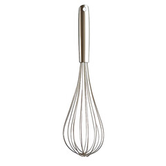 A polished stainless steel whisk, useful for mixing various food items in the kitchen.
