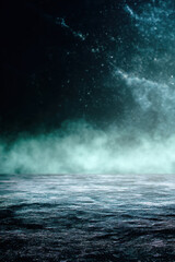 Naklejka premium Moody celestial scene features a dark expanse of water under a softly lit, dreamy atmosphere