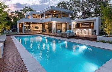 Fototapeta premium High-end modern home with a large backyard and swimming pool