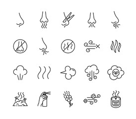 Smell icons set editable stroke. Odor and fragrance signs, nose breathing symbol.