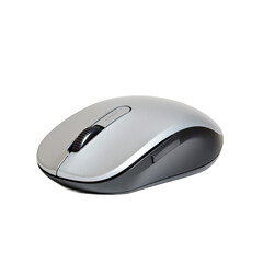 A silver wireless computer mouse positioned for use on a flat surface.