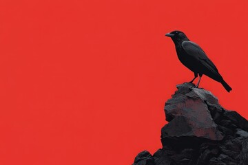 Silhouetted crow perched atop a dark rock against a vibrant red backdrop.