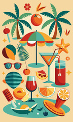  Retro beach party elements with sun, cocktails, flip flops, and palm trees. Fun, vibrant illustration of a summer beach scene.