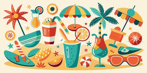 Fototapeta premium Retro beach party elements with sun, cocktails, flip flops, and palm trees. Fun, vibrant illustration of a summer beach scene.