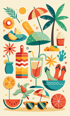 Elementos retro de fiesta playera con sol, cócteles, chanclas y palmeras. Ilustración divertida y vibrante de una escena playera de verano.