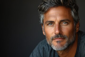 Confident mature man with gray beard and piercing blue eyes looking directly at camera on dark background Generative AI
