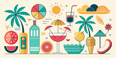  Retro beach party elements with sun, cocktails, flip flops, and palm trees. Fun, vibrant illustration of a summer beach scene.