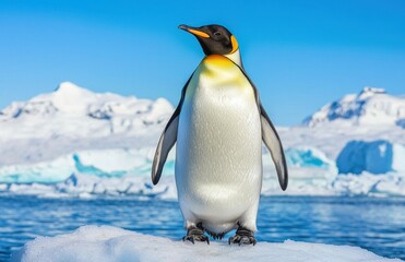Fototapeta premium Majestic Emperor Penguin Standing on Ice in Bright Arctic Landscape