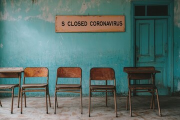 Abandoned Classroom with Wooden Chairs and Coronavirus Closure Sign