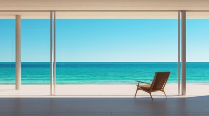 Fototapeta premium Serene Beach View with Wooden Chair Overlooking Tranquil Ocean