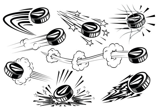 Ice hockey pucks fly at high speed. Vector on transparent background in comic style 