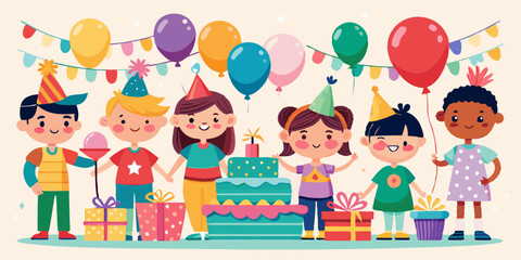 Bright cartoon children’s birthday party elements with balloons, cakes, presents, and festive decorations in vibrant colors. Happy kids celebrating with party items, festive atmosphere.

