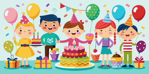 Fototapeta premium Bright cartoon children’s birthday party elements with balloons, cakes, presents, and festive decorations in vibrant colors. Happy kids celebrating with party items, festive atmosphere.