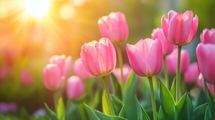 Fototapeta premium Pink Tulips Blooming in the Sunset Light
