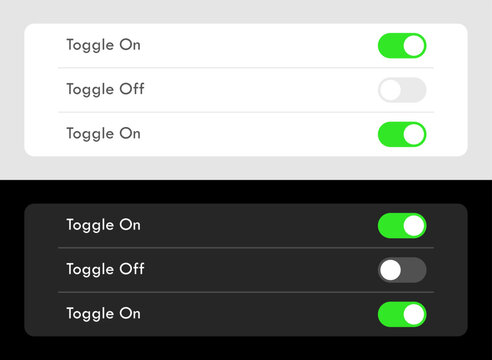 iPhone IOS toggle on off switch buttons dark and light ui template. Smartphone user interface set vector illustration