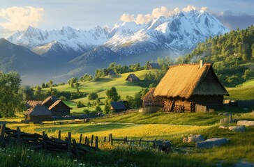 8K A farmstead with a traditional thatched-roof house,