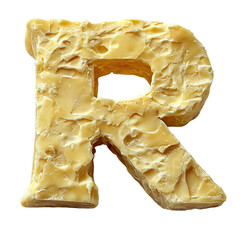 Top view of a 3D letter R made of Parmesan cheese isolated on a white transparent background.