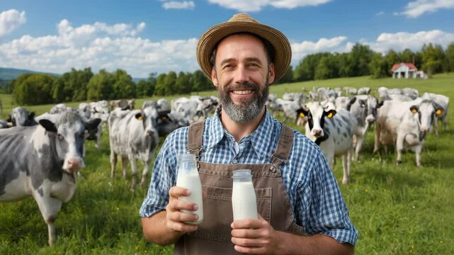 closeup cow breeder holding bootle milk with cattle farm background