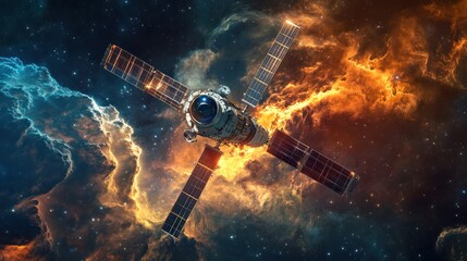A satellite in space with solar panels against a nebula background