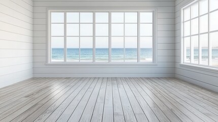 Modern Bright Room with Large Windows Overlooking Tranquil Ocean