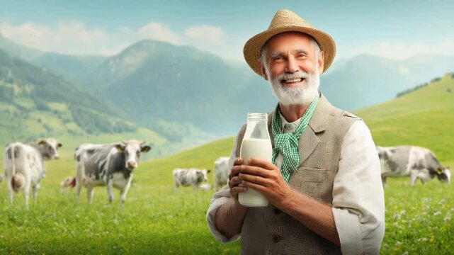 closeup cow breeder holding bootle milk with cattle farm background