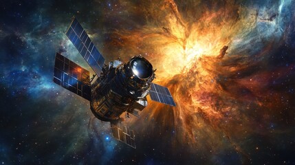 A satellite explores the vastness of space near celestial nebulae