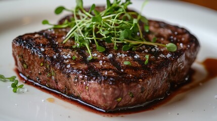 Grilled steak with fresh herbs and seasoning served on a white plate during a gourmet dining experience