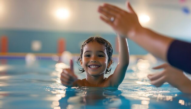 Happy child giving high five to instructor during swimming lesson