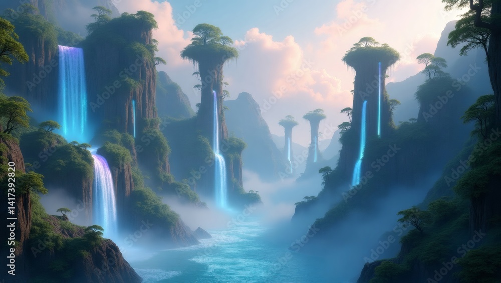 Poster a majestic mountain landscape featuring multiple waterfalls cascading down with the fog