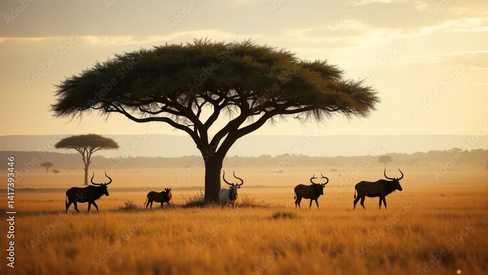 Poster silhouette of water buffaloes grazing in an open landscape. the presence of a big acacia tree create