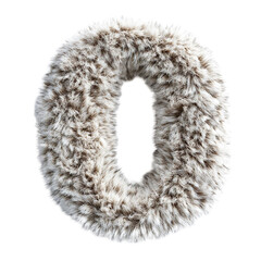 Top view of a 3D letter O made of rabbit fur isolated on a white transparent background