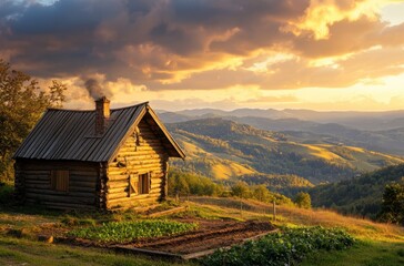 8K A log cabin with a cozy chimney, a small vegetable