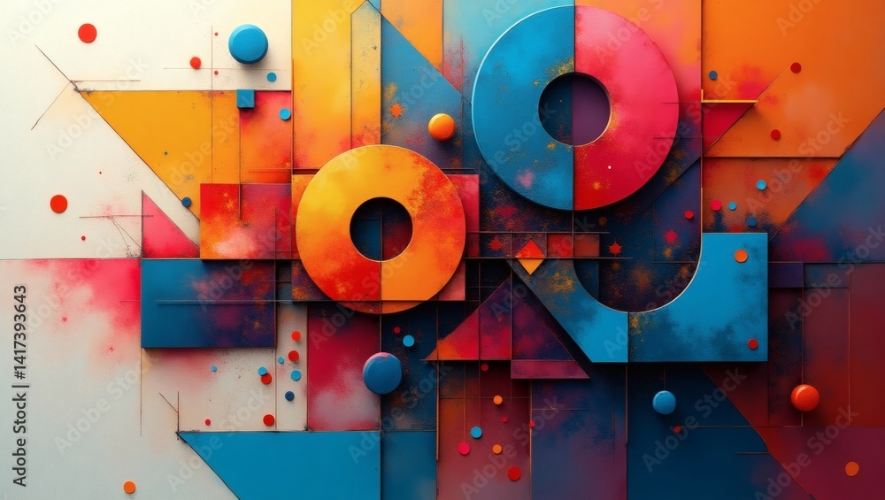Aufkleber Abstract geometric shapes of blue, orange, and red create a dynamic and visually appealing pattern. The shapes are varied, including circles, squares, and triangles, offering a modern aesthetic.