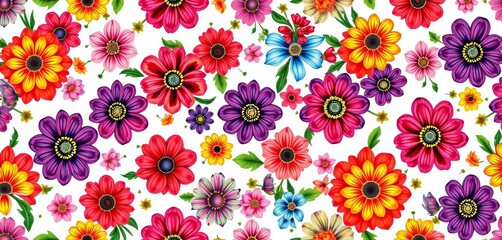 Vibrant floral pattern, seamless repeat, colorful blooms on white background, design, flowers