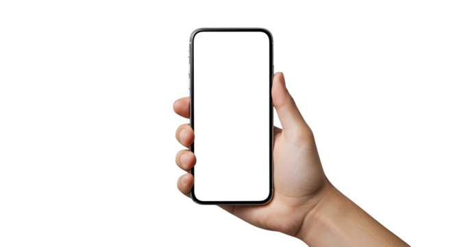 A hand holding a smartphone with a blank white screen on black background isolated on transparent background. isolated on white background, png, jpeg, jpg