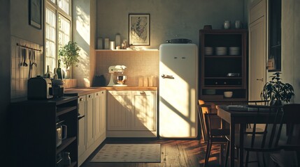 Room with kitchen appliances lit by sunlight. 3D rendering.