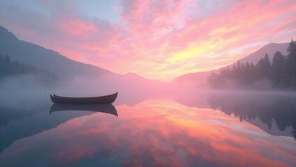 Dreamy Lake Sunrise with Boat and Mountains: Tranquil Reflection in Water