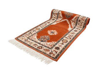 Rolled ornate small rug isolated on PNG transparent background, cut out