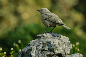 Obraz premium Gray bird perched on a rock amidst greenery.