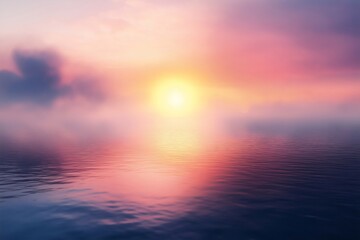 Obraz premium Pink and purple hues of sunrise reflecting on calm water, with soft fog partially enveloping the sun, creating a serene morning atmosphere