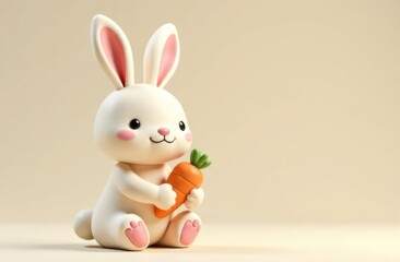 Obraz premium cute white bunny holding carrot on soft beige background. easter, children's illustration. playful and charming mood. greeting card, children's book, toy design.