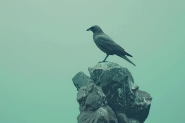 Fototapeta premium Solitary crow perched atop a rocky outcrop.