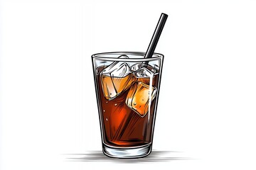 Iced Beverage Illustration with Ice Cubes in Tall Glass with Hatching Technique on White