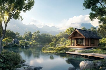 Fototapeta premium 8K A peaceful retreat in the middle of nature, a small